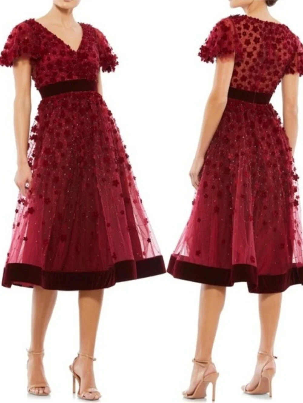 MAC DUGGAL Floral Appliqué Cocktail Midi Dress Burgundy NEW Size 6 Velvet